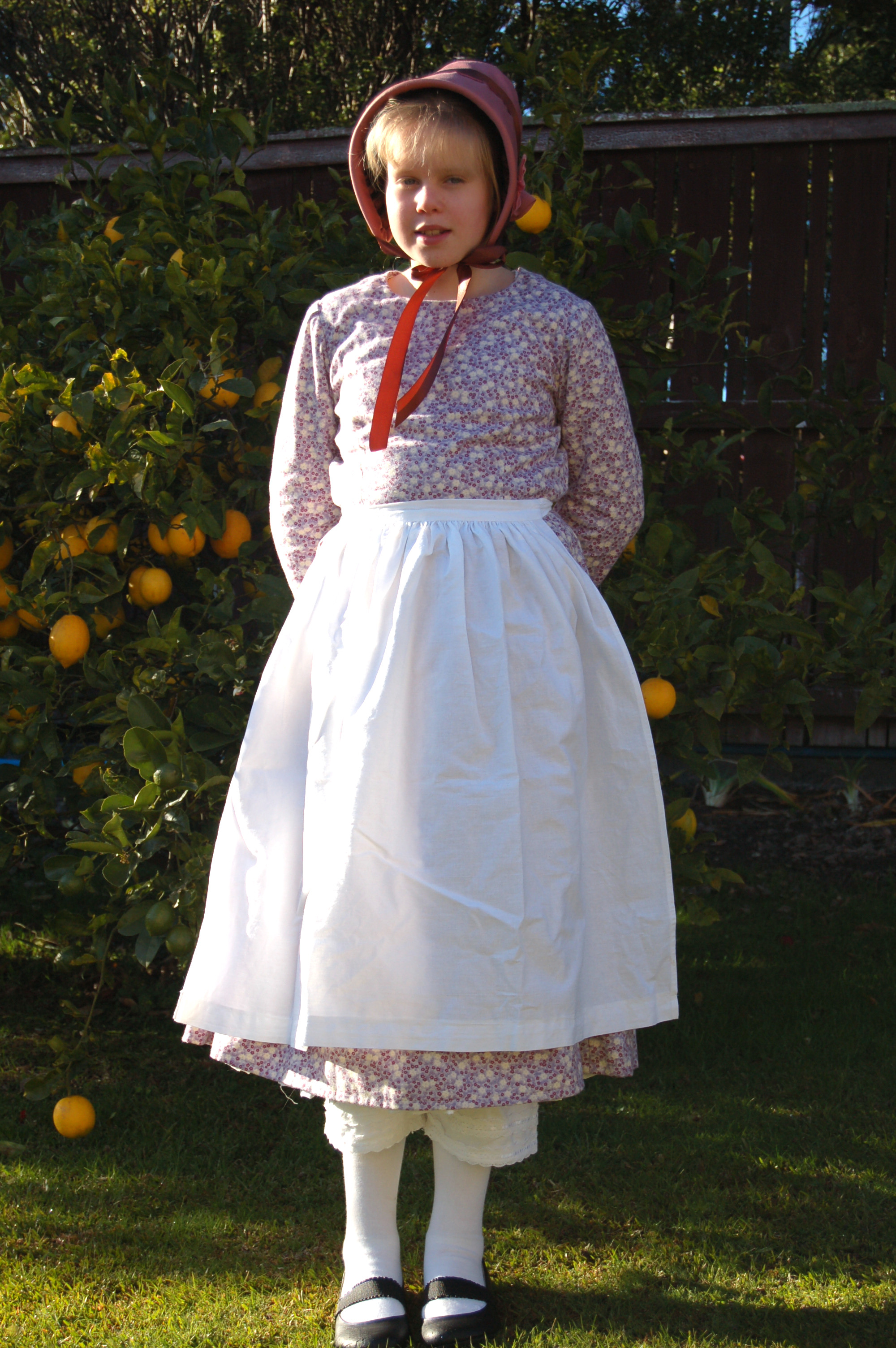 Homemade Pioneer Dress, Apron and Bonnet Costume for Girls